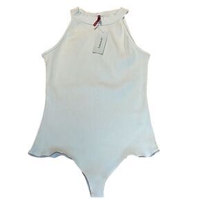 Cream High Neck Sleeveless Ribbed Bodysuit, Dina Be, Minimalist, XS